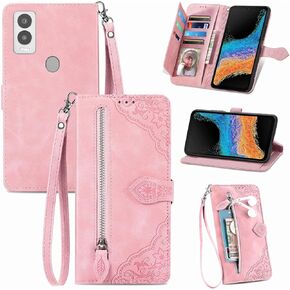 for Cricket Magic 5G Zipper Wallet Case with Strap,7 Card Holder Leather Flip Magnet Wallet Case with Money Pocket Full Body Protective Purse Case for Women for AT&T Propel 5G -Brown