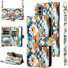 Wallet Case for Samsung Galaxy S21 FE 5G with Wrist Strap Crossbody Shoulder Strap Flower Leather 6+ Card Slots Zipper Purse Phone Cover S 21 EF S21FE5G UW S21FE 21S G5 6.4inch Girls Brown