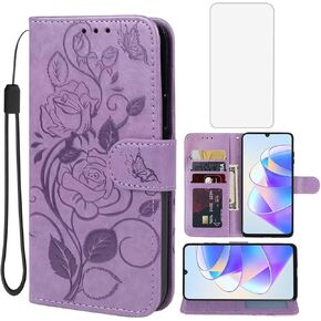 Case for Honor X7A Case, Honor Play7T 5G RKY-LX1 Wallet Case with Tempered Glass Screen Protector, Flower Leather Flip Credit Card Holder Stand Phone Cover Cases for Honor X7A Red