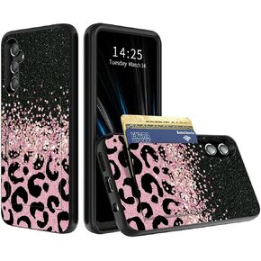 Pink Glitter Leopard Phone Case for Samsung Galaxy S24 FE Wallet Case with Hidden Card Holder, Dual Layer Hybrid Hard ID Card Slot Soft Inner Rubber Bumper Flip Cover for Galaxy S24 FE