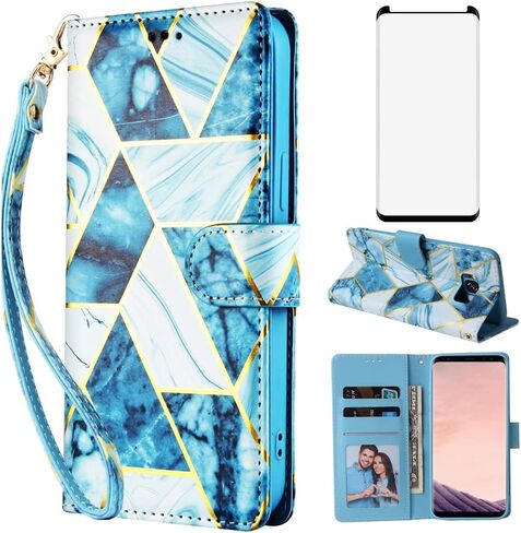 Compatible with Samsung Galaxy S8 Plus Wallet Case and Tempered Glass Screen Protector Leather Flip Card Holder Kickstand Phone Cover for S8plus S 8 8plus 8S Edge S8+ SM-G955U Women Men Black in Saudi Arabia