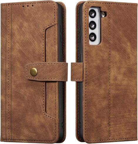 QLTYPRI Wallet Case for Samsung Galaxy S21, Premium PU Leather Flip Case with [Card Holder Slots] [Magnetic Clasp] [Kickstand] Shockproof Folio Phone Cover for Samsung Galaxy S21– Brown in Saudi Arabia