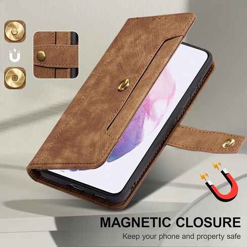 QLTYPRI Wallet Case for Samsung Galaxy S21, Premium PU Leather Flip Case with [Card Holder Slots] [Magnetic Clasp] [Kickstand] Shockproof Folio Phone Cover for Samsung Galaxy S21– Brown in Saudi Arabia