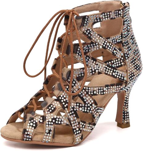 YKXLM Latin Dance Boots Salsa Lace-up Ankle Open Toe Rhinestone Ballroom Dance Shoes Women in Kuwait