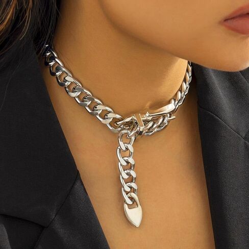 CLOACE Gold Belt Buckle Choker Necklace Punk Cuban Chunky Choker Necklaces Vintage Thick Chain Short Necklace for Women in Kuwait