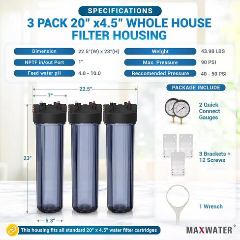 Max Water Whole House 20" x4.5" Purple Clear WH Water Filter Housing 1 inch Inlet/Outlet Ports with Wrench and Bracket (1 Housing) in Kuwait