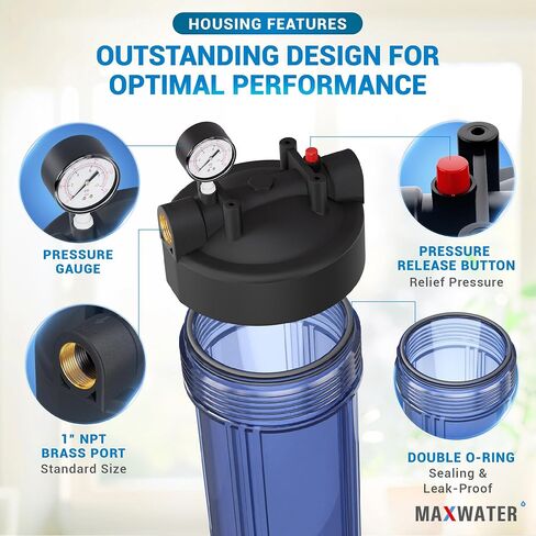 Max Water Whole House 20" x4.5" Purple Clear WH Water Filter Housing 1 inch Inlet/Outlet Ports with Wrench and Bracket (1 Housing) in Kuwait