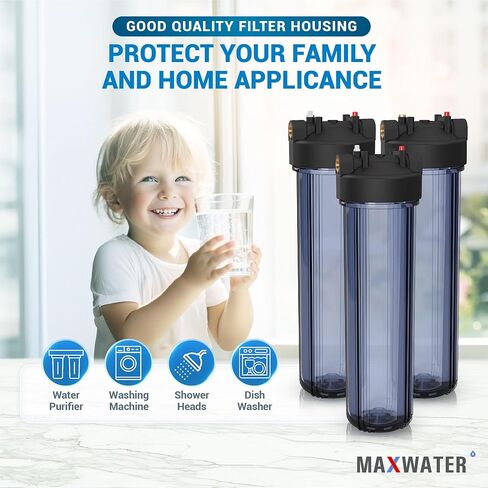Max Water Whole House 20" x4.5" Purple Clear WH Water Filter Housing 1 inch Inlet/Outlet Ports with Wrench and Bracket (1 Housing) in Kuwait
