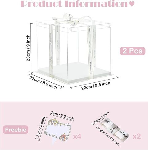 Clear Cake Box, 2 Pcs Transparent Cake Carrier Box with Lids, 8'' PET Cake Packaging Boxes with Ribbon Gift Card for Pastries, Clear Gift Boxes for Birthday, Wedding and Festival Party, White. in Kuwait
