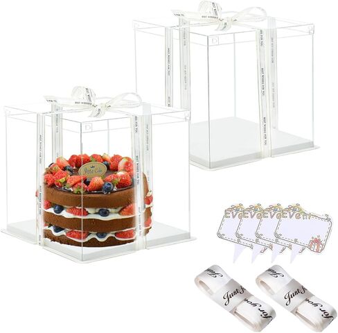 Clear Cake Box, 2 Pcs Transparent Cake Carrier Box with Lids, 8'' PET Cake Packaging Boxes with Ribbon Gift Card for Pastries, Clear Gift Boxes for Birthday, Wedding and Festival Party, White. in Kuwait