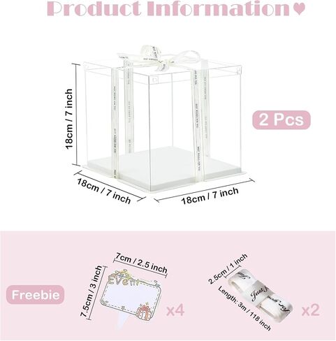 Clear Cake Box, 2 Pcs Transparent Cake Carrier Box with Lids, 8'' PET Cake Packaging Boxes with Ribbon Gift Card for Pastries, Clear Gift Boxes for Birthday, Wedding and Festival Party, White. in Kuwait