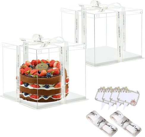 Clear Cake Box, 2 Pcs Transparent Cake Carrier Box with Lids, 8'' PET Cake Packaging Boxes with Ribbon Gift Card for Pastries, Clear Gift Boxes for Birthday, Wedding and Festival Party, White. in Kuwait