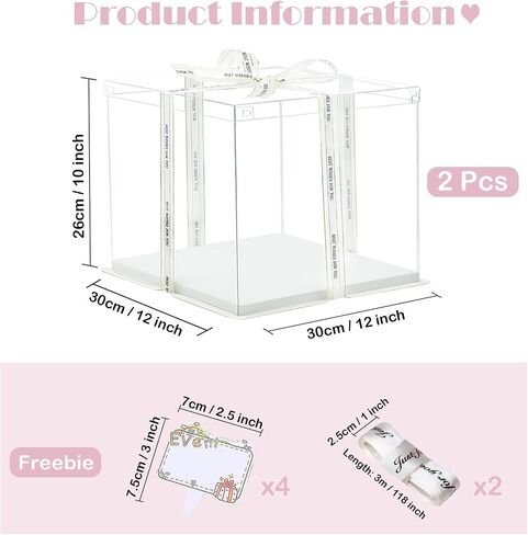 Clear Cake Box, 2 Pcs Transparent Cake Carrier Box with Lids, 8'' PET Cake Packaging Boxes with Ribbon Gift Card for Pastries, Clear Gift Boxes for Birthday, Wedding and Festival Party, White. in Kuwait