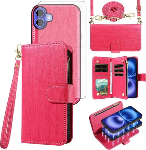 Asuwish Phone Case for iPhone 16 6.1 inch Zipper Wallet Magnetic Detachable Cell Cover with Tempered Glass Screen Protector Crossbody Lanyard Strap Card Holder i Phone16 i16 16Case Women Dark Purple in Saudi Arabia