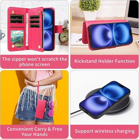 Asuwish Phone Case for iPhone 16 6.1 inch Zipper Wallet Magnetic Detachable Cell Cover with Tempered Glass Screen Protector Crossbody Lanyard Strap Card Holder i Phone16 i16 16Case Women Dark Purple in Saudi Arabia