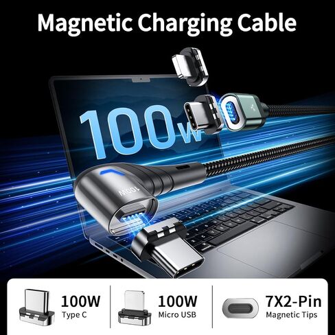 كابل شحن مغناطيسي 100 واط، كابل USB C بزاوية قائمة مغناطيسية، نقل بيانات 480 ميجابت في الثانية، شحن سريع 5 أمبير، متوافق مع جهاز USB C (4، أسود 5a، 100 واط) in Kuwait