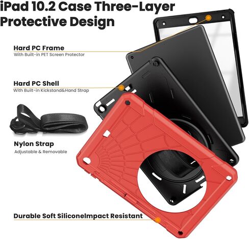 لجيل iPad التاسع 2021/ iPad 8th Generation 2020/ IPAD 7th Generation 2019 ، مع واقي الشاشة ، حامل القلم الرصاص [360 ° حزام اليد الدوار] والوقوف ، من أجل iPad 10.2 بوصة (Black/ SkyBlue) in Kuwait