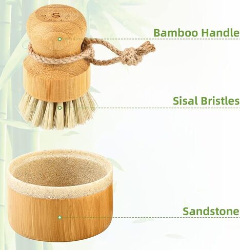 SUBEKYU Bubble Up Bamboo Dish Brush Set with Soap Holder, Wooden Dish Scrubber with Soap Dispenser, Natural Kitchen Scrub Brush, Washing Pot/Pans/Cast Iron, 2 Pack, Sisal + Coconut Palm Bristles in Kuwait
