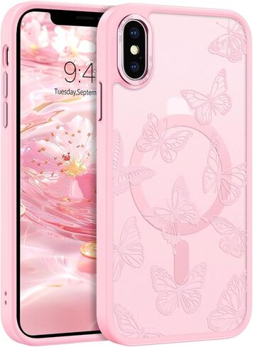BENTOBEN for iPhone Xs Max Case, Cute Butterfly Pattern Magnetic Case [Compatible with MagSafe] Translucent Matte Slim Women Girl Protective Cover Cases for iPhone Xs Max 6.5 inch, Pink in Saudi Arabia