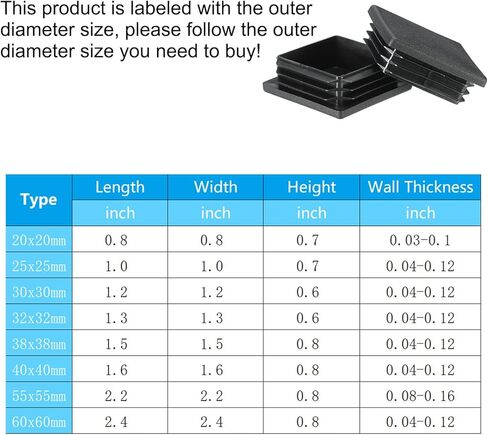 PATIKIL Square Plastic Hole Plugs 1inch, 20 Pack Tubing Insert End Cap for Square Metal Tubing Furniture Chair Leg Fence Post Pipe, Black in Kuwait