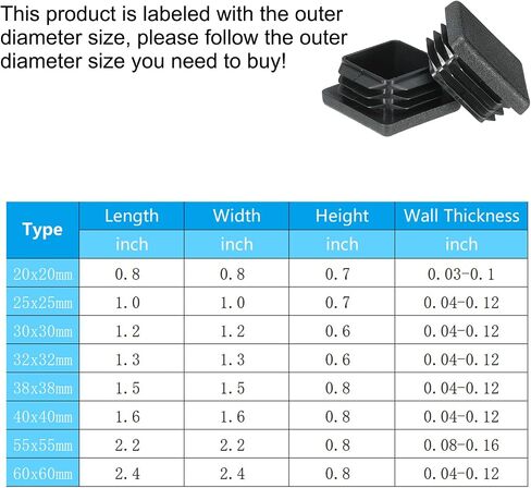 PATIKIL Square Plastic Hole Plugs 1inch, 20 Pack Tubing Insert End Cap for Square Metal Tubing Furniture Chair Leg Fence Post Pipe, Black in Kuwait