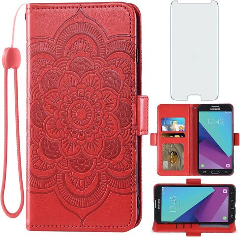 Asuwish Compatible with Samsung Galaxy J3 Luna Pro J 3 Prime 2017 Emerge 3J Eclipse Mission Wallet Case and Tempered Glass Screen Protector Flip Card Holder Cell Phone Cover for Glaxay S327VL Men Red in Saudi Arabia