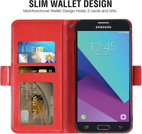 Asuwish Compatible with Samsung Galaxy J3 Luna Pro J 3 Prime 2017 Emerge 3J Eclipse Mission Wallet Case and Tempered Glass Screen Protector Flip Card Holder Cell Phone Cover for Glaxay S327VL Men Red in Saudi Arabia