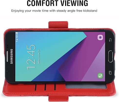 Asuwish Compatible with Samsung Galaxy J3 Luna Pro J 3 Prime 2017 Emerge 3J Eclipse Mission Wallet Case and Tempered Glass Screen Protector Flip Card Holder Cell Phone Cover for Glaxay S327VL Men Red in Saudi Arabia