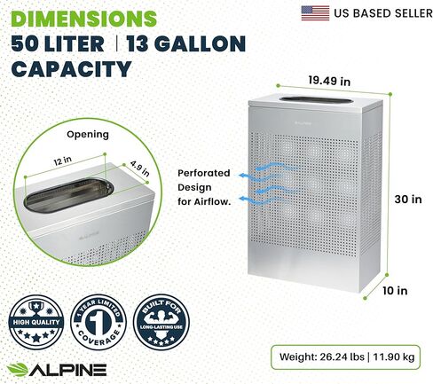 Alpine Black Commercial Trash Can - Large Perforated 13 Gallon Trash Can Open Top, Modern Metal Heavy Duty Garbage Can for Indoor & Outdoor in Office, Commercial Bathroom, Hotel, Lobby, and Businesses in Kuwait