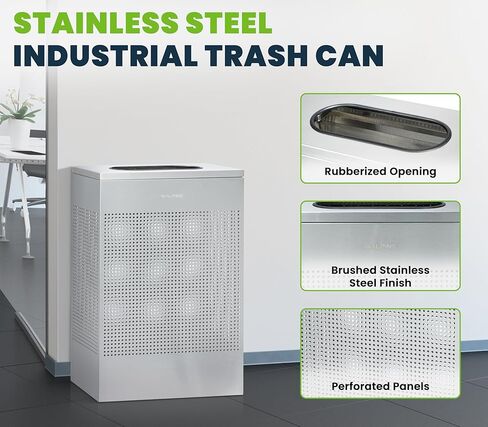 Alpine Black Commercial Trash Can - Large Perforated 13 Gallon Trash Can Open Top, Modern Metal Heavy Duty Garbage Can for Indoor & Outdoor in Office, Commercial Bathroom, Hotel, Lobby, and Businesses in Kuwait