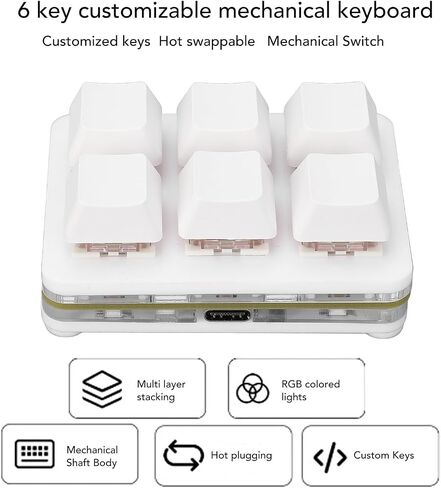 ASHATA Mini Macro Mechanical Gaming Keyboard, 6 Keys One Handed USB PC Keypad with Programmable Macros, RGB 6 Key Gaming Keyboard for Game Office (White) in Saudi Arabia