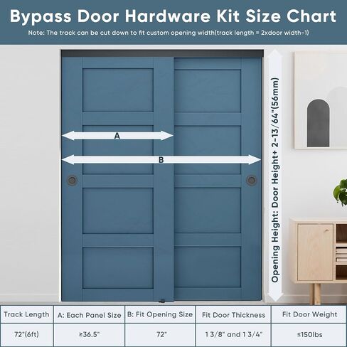 JUBEST 6FT Heavy Duty Bypass Door Hardware with Finger Pulls,Sturdy Aluminum Sliding Closet Door Track for 2 door System,Quietly and Smoothly,Fit Door Thickness 1 3/8" or 1 3/4",Easy to Install, Black in Kuwait