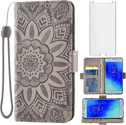 Phone Case for Samsung Galaxy J3 Orbit J 3 Star 2018 3J Achieve with Tempered Glass Screen Protector and Wallet Flip Cover Card Holder Cell Glaxay J3V V 3rd Gen SM J337A J337V J337 Women Men Grey in Saudi Arabia