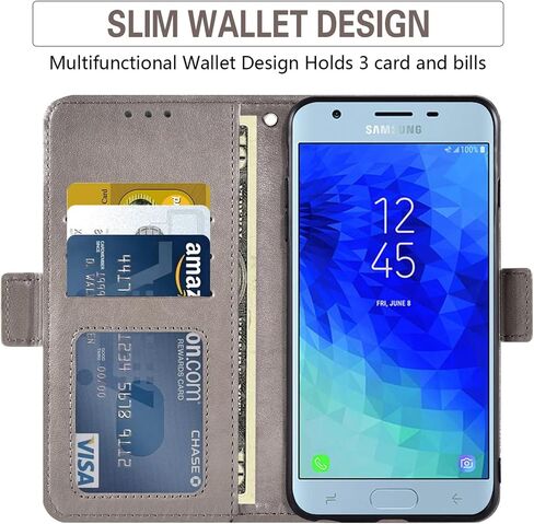Phone Case for Samsung Galaxy J3 Orbit J 3 Star 2018 3J Achieve with Tempered Glass Screen Protector and Wallet Flip Cover Card Holder Cell Glaxay J3V V 3rd Gen SM J337A J337V J337 Women Men Grey in Saudi Arabia