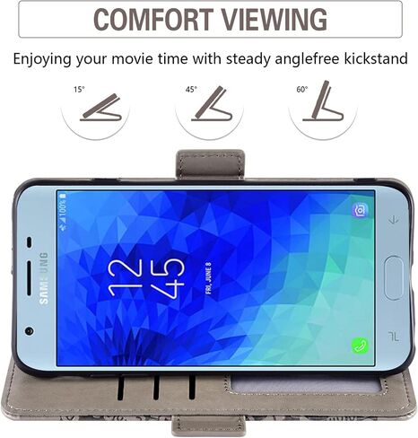 Phone Case for Samsung Galaxy J3 Orbit J 3 Star 2018 3J Achieve with Tempered Glass Screen Protector and Wallet Flip Cover Card Holder Cell Glaxay J3V V 3rd Gen SM J337A J337V J337 Women Men Grey in Saudi Arabia