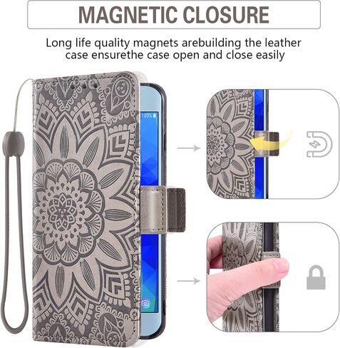 Phone Case for Samsung Galaxy J3 Orbit J 3 Star 2018 3J Achieve with Tempered Glass Screen Protector and Wallet Flip Cover Card Holder Cell Glaxay J3V V 3rd Gen SM J337A J337V J337 Women Men Grey in Saudi Arabia