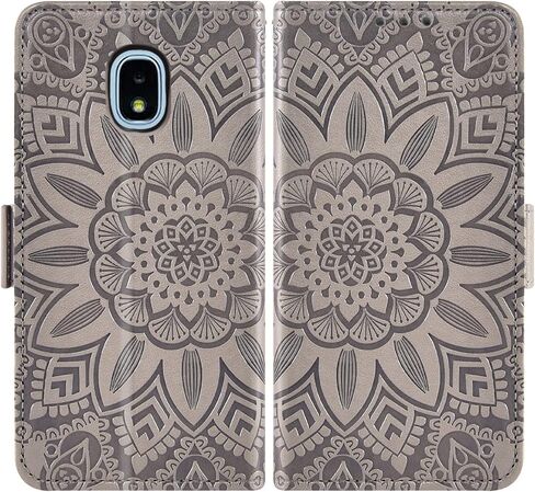 Phone Case for Samsung Galaxy J3 Orbit J 3 Star 2018 3J Achieve with Tempered Glass Screen Protector and Wallet Flip Cover Card Holder Cell Glaxay J3V V 3rd Gen SM J337A J337V J337 Women Men Grey in Saudi Arabia