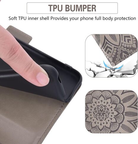 Phone Case for Samsung Galaxy J3 Orbit J 3 Star 2018 3J Achieve with Tempered Glass Screen Protector and Wallet Flip Cover Card Holder Cell Glaxay J3V V 3rd Gen SM J337A J337V J337 Women Men Grey in Saudi Arabia