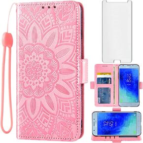 Phone Case for Samsung Galaxy J3 Orbit J 3 Star 2018 3J Achieve with Tempered Glass Screen Protector and Wallet Flip Cover Card Holder Cell Glaxay J3V V 3rd Gen SM J337A J337V J337 Women Men Grey