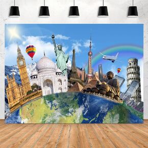 Global Travel Photo Backdrop World Map Wall Tapestry Famous Landmark Photography Background Around The World Themed Birthday Party Decorations Banner, 7x5ft