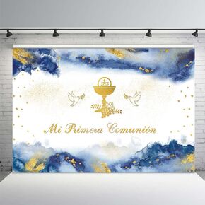 MEHOFOND Gold Bless Backdrop for Boy Mi Primera Comunion Gold Sequins First Holy Communion Royal Blue Pastel Watercolor Clouds Background Newborn Baby Shower Gender Reveal Party Studio Props 7x5ft