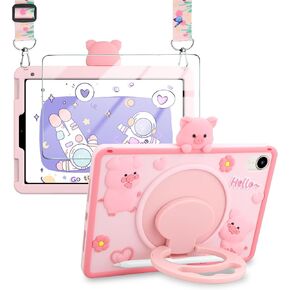 for iPad Mini 6 Case for Kids Girls 8.3 Inch 2021 with Screen Protector Pencil Holder 360 °Rotating Stand Lanyard Silicone Protective Tablet Cover for iPad Mini 6th Generation (Pink Piggy Tablet Case)