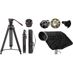 NEEWER TP76 78" Pro Video Tripod Carbon Fiber with Fluid Head 360° Pan & 145° Tilt Damping, DSLR Camera Tripod Heavy Duty QR Plate Compatible with DJI Gimbals, PB017 Camera Rain Cover Kit Included