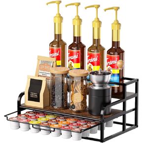 THYGIFTREE Coffee Syrup Rack Organizer for Countertop 3-Tier 8 Bottles Syrup Stand with 35 K Cup Holder Storage Drawer for Coffee Bar Station Kitchen Counter