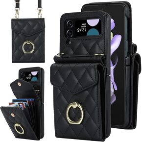 Asuwish Phone Case for Samsung Galaxy Z Flip 3 5G 2021 Wallet Cover with RFID Blocking Ring Crossbody Wrist Strap Stand Credit Card Holder Leather Cell Accessories ZFlip3 Z3 Flip3 3Z Women Rose Gold
