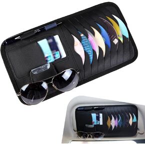 Car Sunvisor Organizer, Large Capacity Multi-Pocket CD Card Sunglasses Pen Sorting Storage Bag, Leather Scratch Resistant Protective Portable Storage Accessory, for Most Cars (Black)