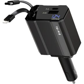 [2025 Upgraded] Toiaie Retractable Car Charger 4 in1,66W Fast Charging,Gift for Men Women, USBC Adapter for Phone 16 15 14 13 12 Samsung Android,Car Accessories