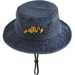 Excavator Summer Bucket Hat for Toddler Boy, Foldable Cotton Washed Vintage Cowboy Hat Outdoor Beach Sun Hat 2-5 Years