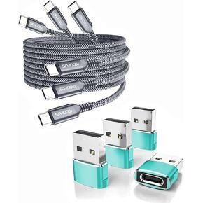 Elebase 4 Pack USB to USB C Adapter and 3 Pack USB C to Type C 100W Cable 3.3/6.6/10ft,for Apple Watch Ultra iWatch 7 8 SE,iPhone 12 13 14 15 Pro Max Plus,Airpods,iPad 8th 9th 10th Air 4th 5th 6th