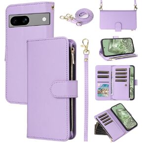 Wallet Case for Google Pixel 6A 5G 2022 with Wrist Strap Crossbody Shoulder Strap Zipper Flip Purse Card Holder Slots Protector Stand Cell Accessories Phone Cover Pixel6A A6 Girls Women Black